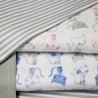 Интерлок с рисунком - котики, голубой на белом, Интерлок с рисунком - котики, розовый на белом, Интерлок с рисунком - полоса серая, Рибана - серый фото