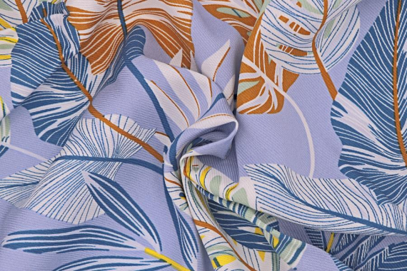 Штапель с рисунком - твил - листья на серо-голубом фото
