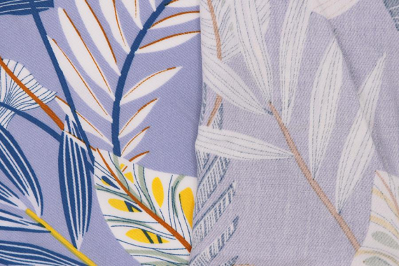 Штапель с рисунком - твил - листья на серо-голубом - фото №2