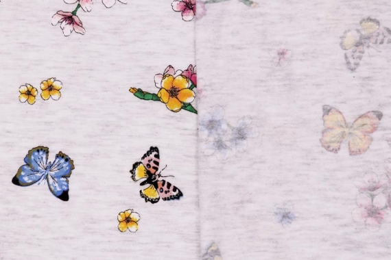 Кулирка с лайкрой - бабочки-цветочки на сером меланже - фото №2