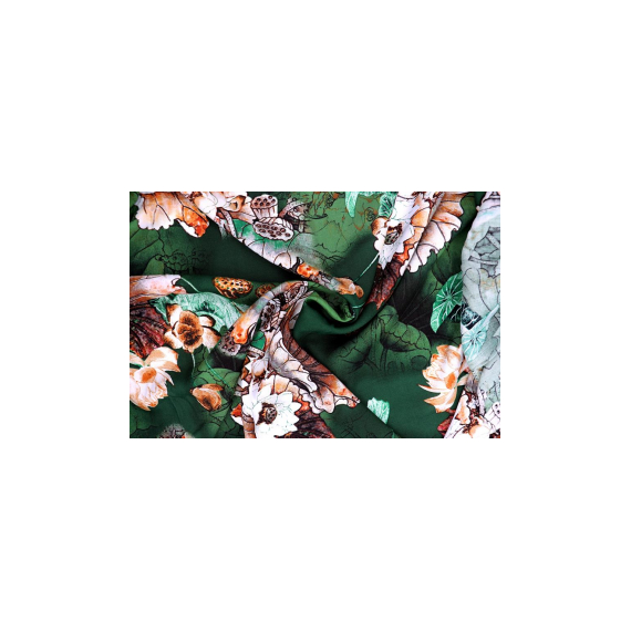 Превью Штапель - бежевые цветы на изумрудном