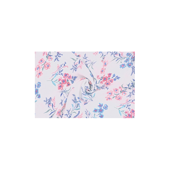 Превью Штапель - цветы голубые и розовые на белом